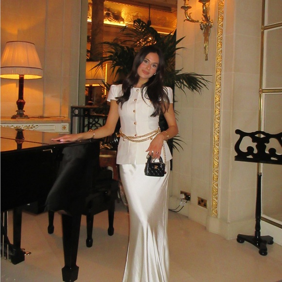 white maxi dress with gold belt Cream And Gold Chiffon Maxi Dress – self-portrait-US main image 0